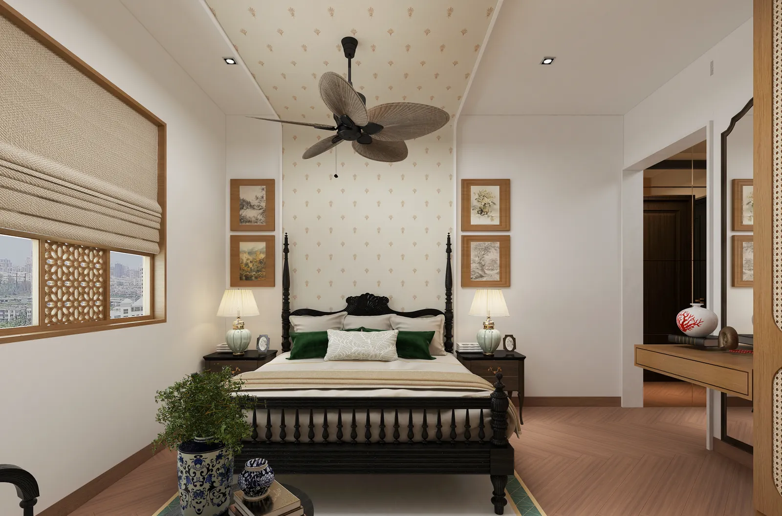 Guest bedroom with a black four-poster bed