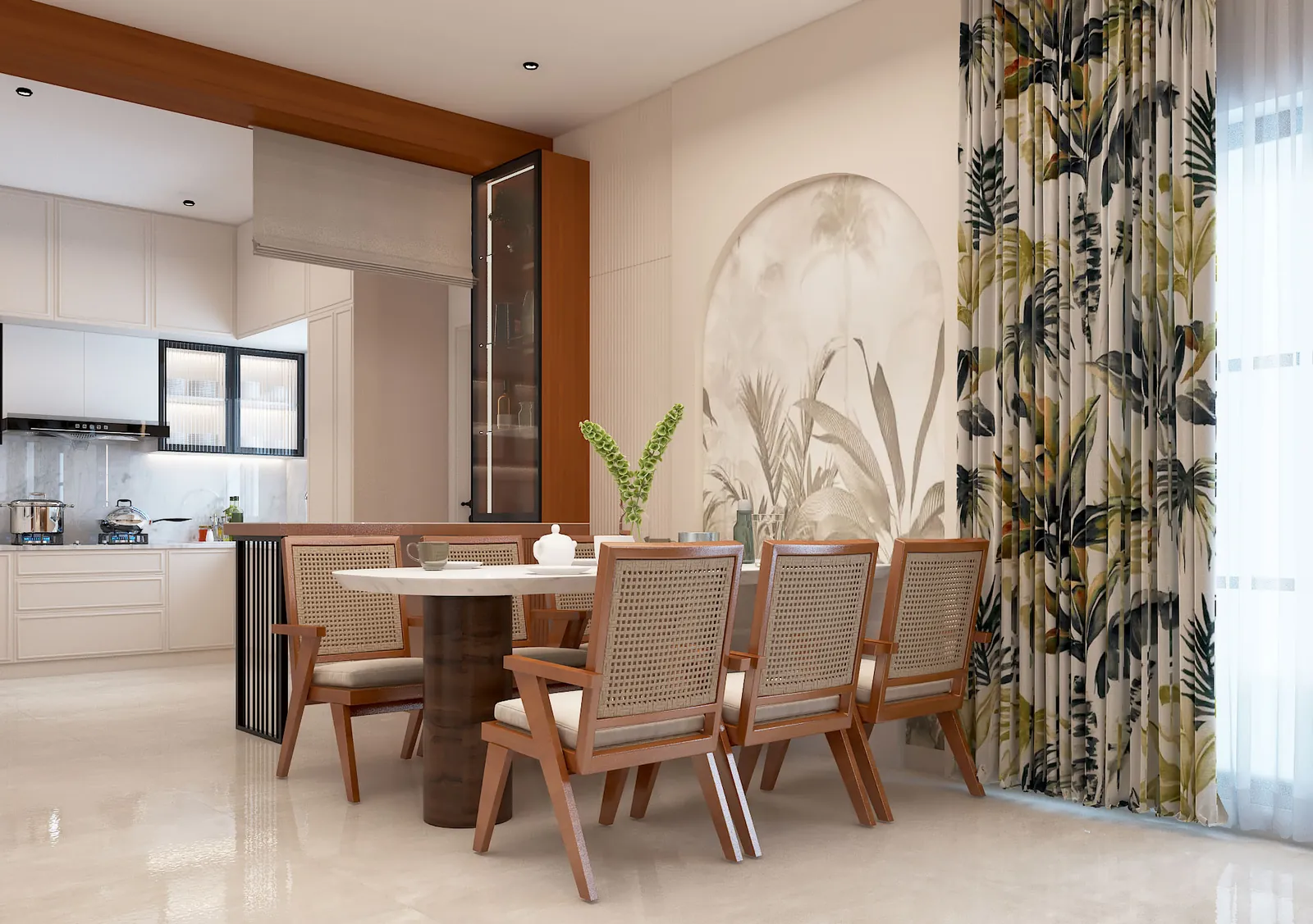 Dining area with cane chairs and a botanical mural