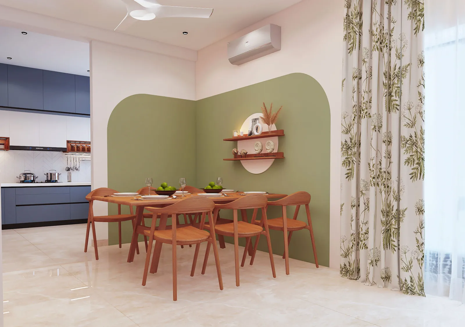 Dining area with a sage-green arched wall and terracotta chairs