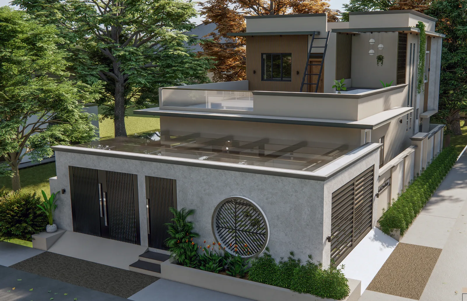 Residence exterior with a circular jali window