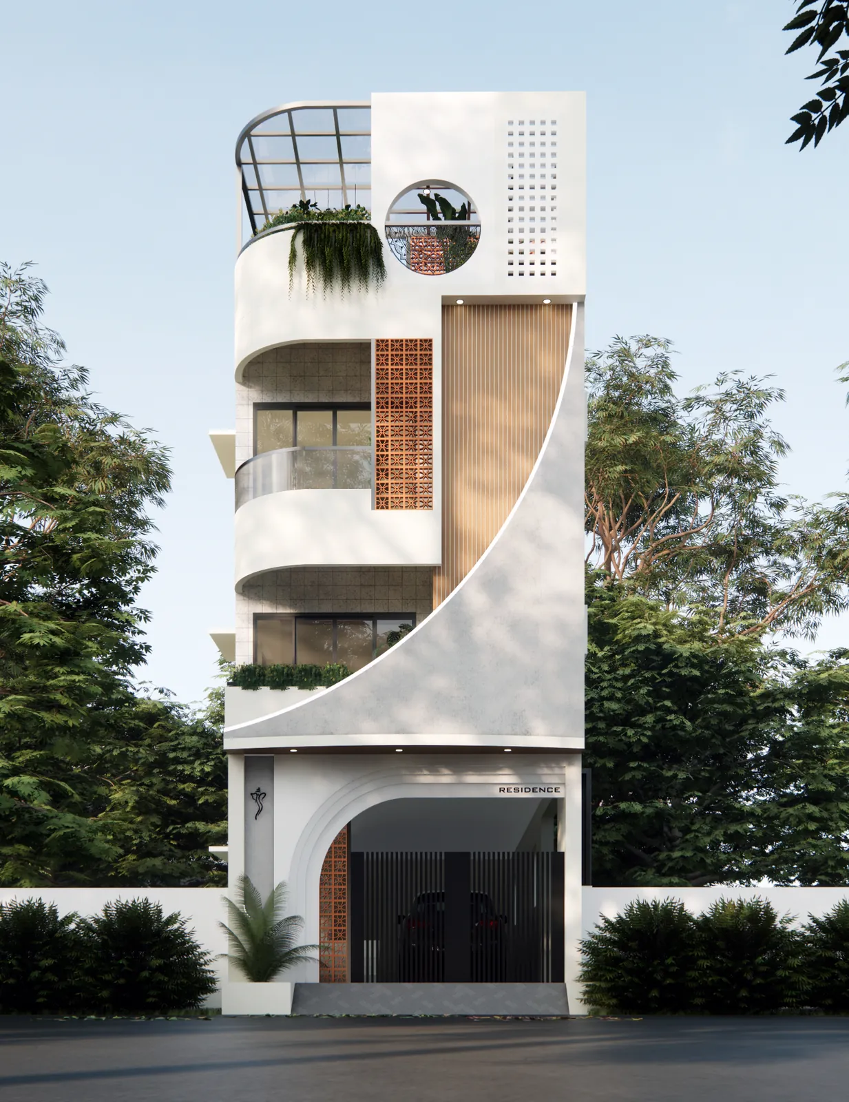 Residence with a sweeping curved white facade