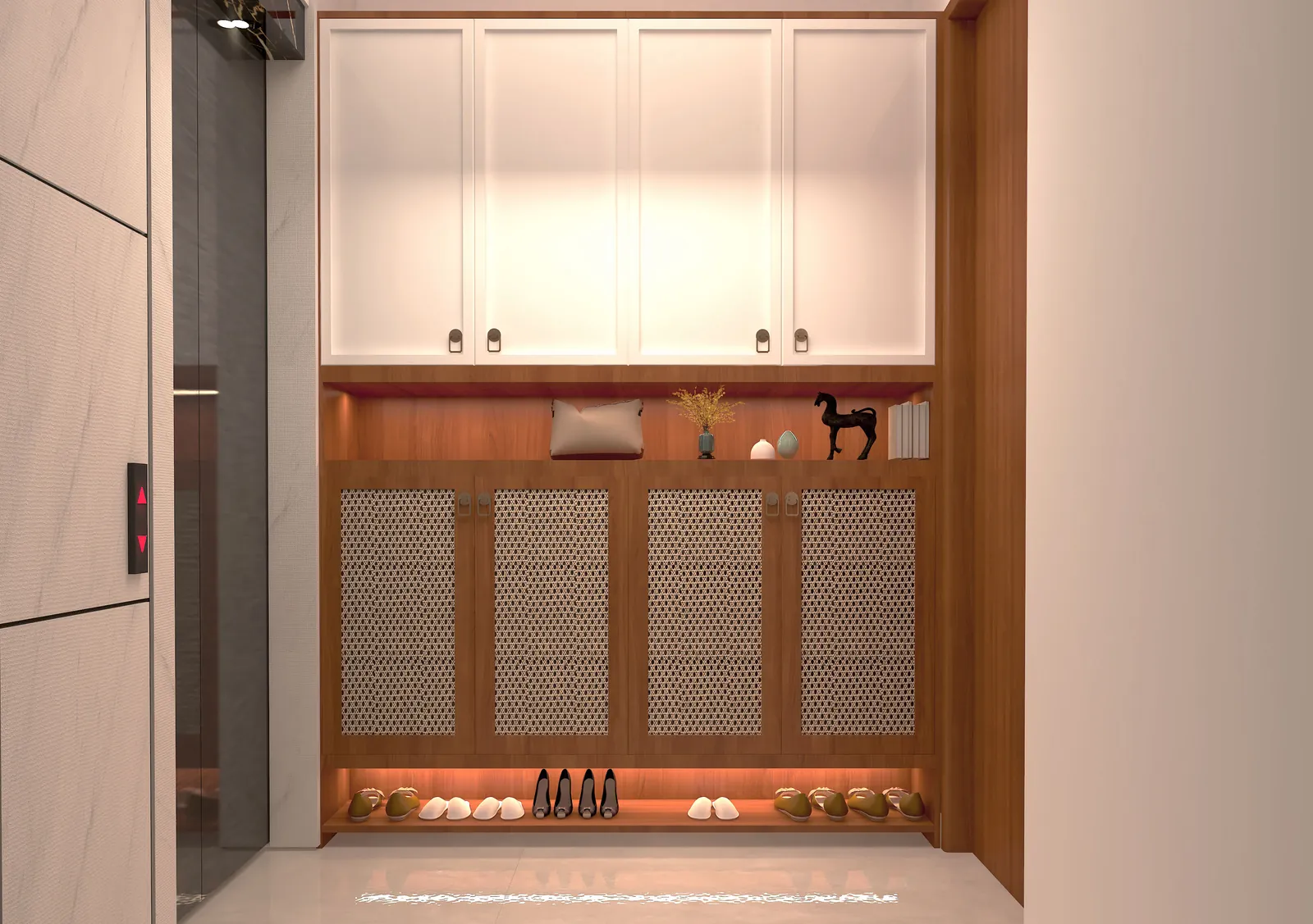 Foyer with cane-panelled shoe storage