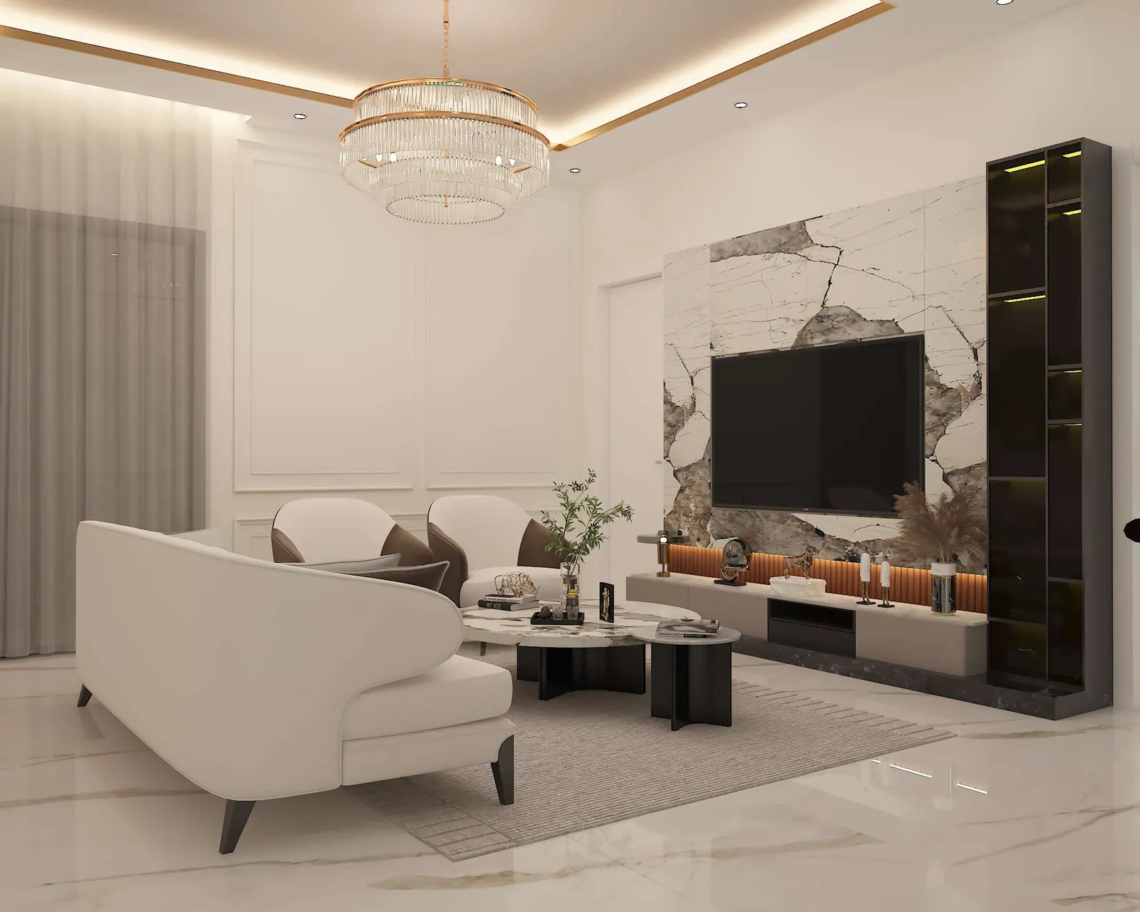 Living room with a marble TV wall